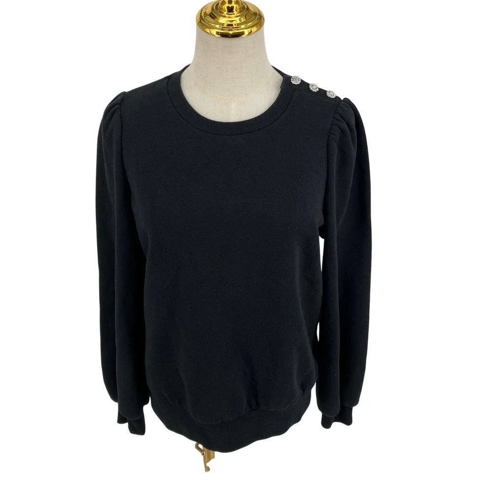Black Puff Sleeve Shoulder Rhinestone Sweatshirt M Victorian Chic Feminine Party - Picture 2 of 8